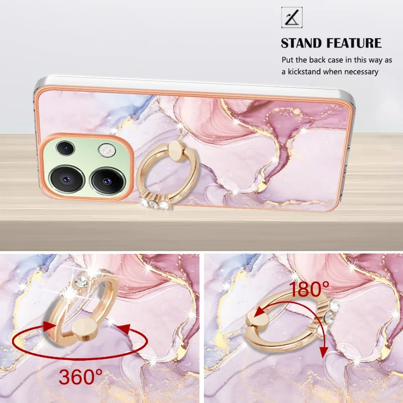 For Xiaomi Redmi Note 13 4G Case with Ring Kickstand Marble Pattern Electroplating TPU Back Cover - Rose Gold 005