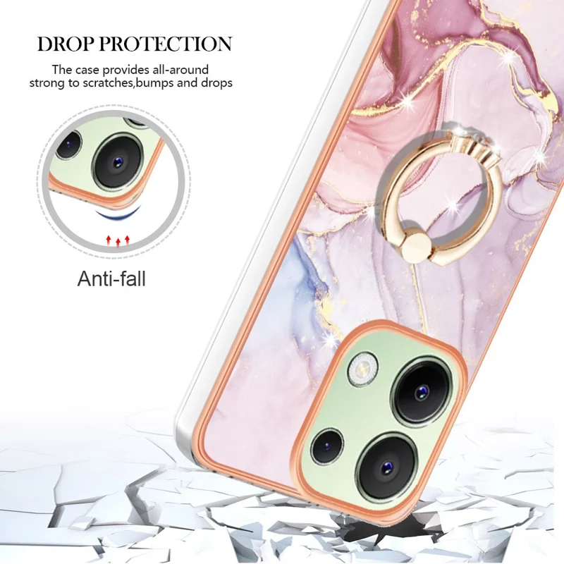 For Xiaomi Redmi Note 13 4G Case with Ring Kickstand Marble Pattern Electroplating TPU Back Cover - Rose Gold 005