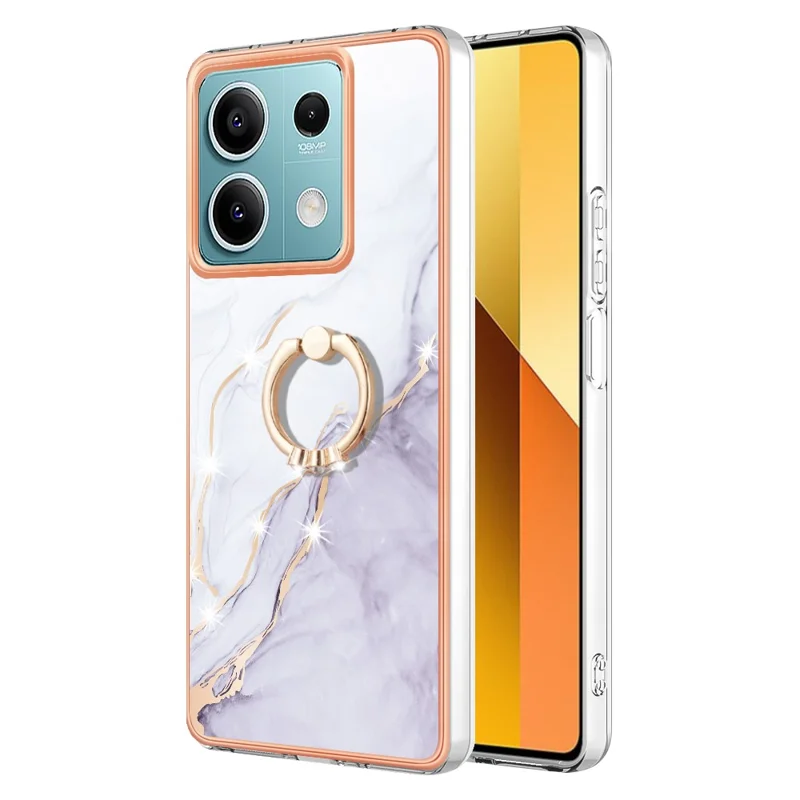 For Xiaomi Redmi Note 13 5G Case with Ring Kickstand Marble Pattern Electroplating TPU Back Cover - White 006