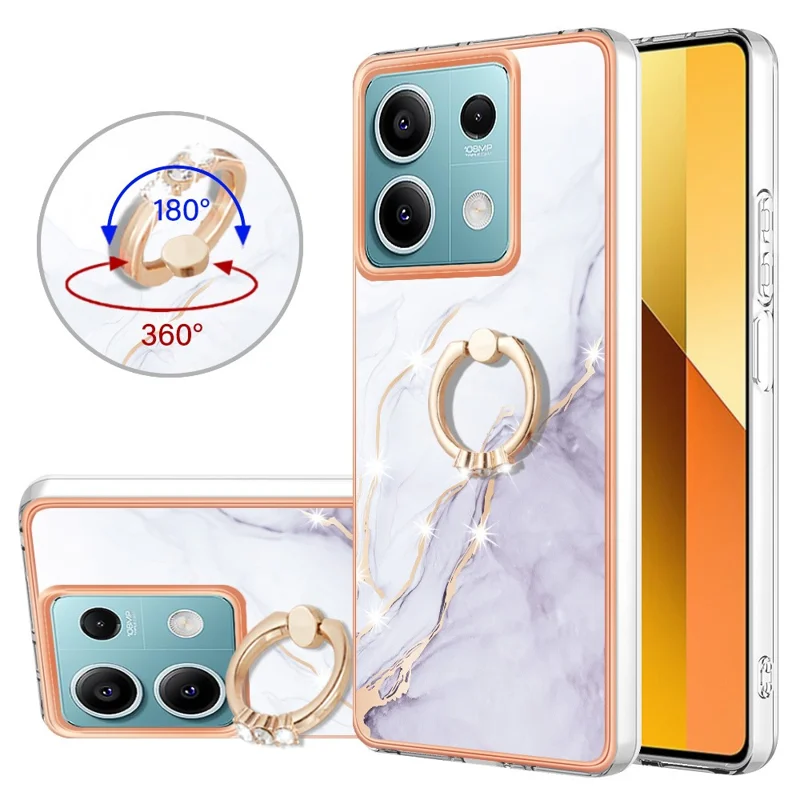 For Xiaomi Redmi Note 13 5G Case with Ring Kickstand Marble Pattern Electroplating TPU Back Cover - White 006