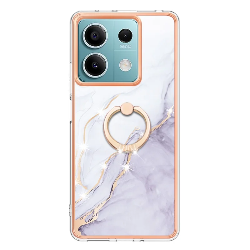 For Xiaomi Redmi Note 13 5G Case with Ring Kickstand Marble Pattern Electroplating TPU Back Cover - White 006