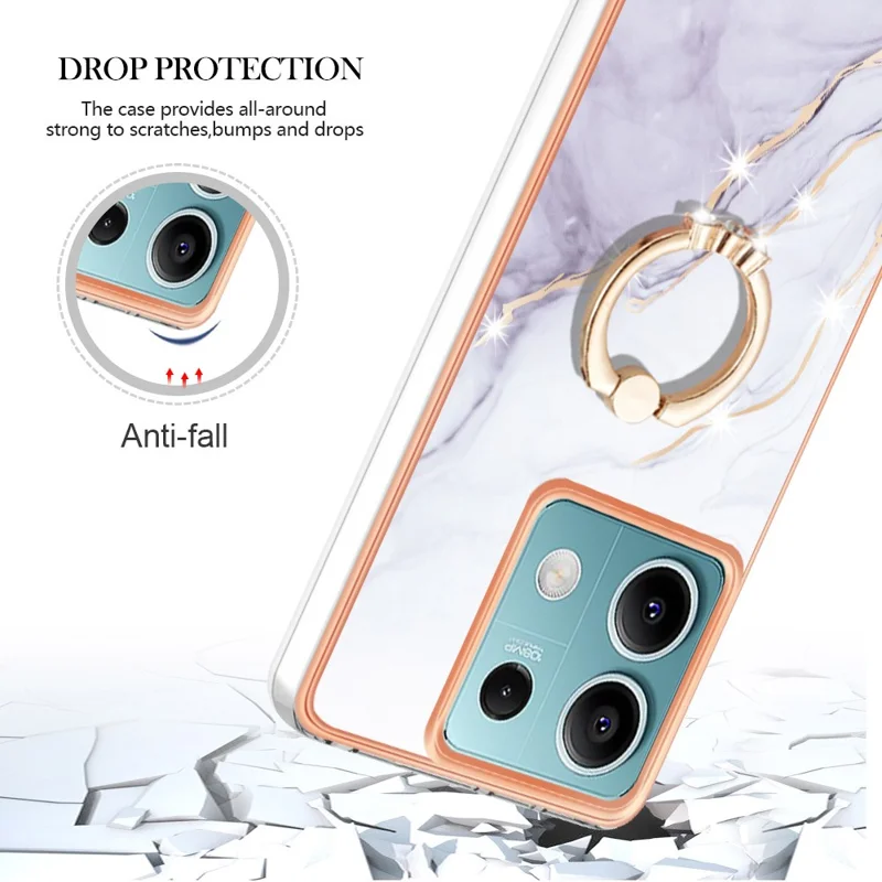 For Xiaomi Redmi Note 13 5G Case with Ring Kickstand Marble Pattern Electroplating TPU Back Cover - White 006