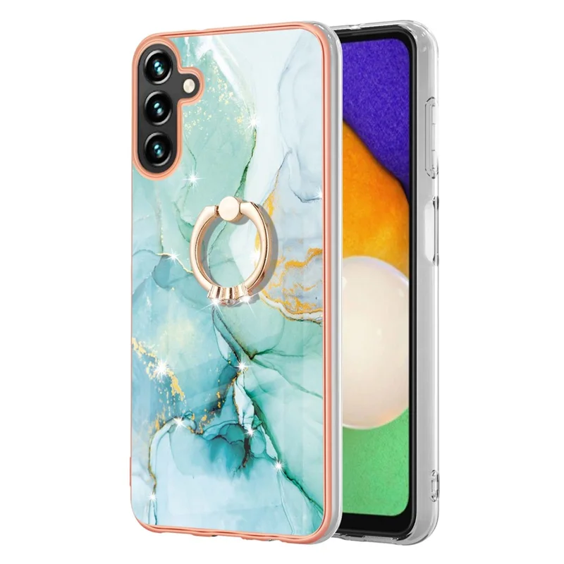 For Samsung Galaxy A35 5G Case with Ring Kickstand Marble Pattern Electroplating TPU Back Cover - Green 003