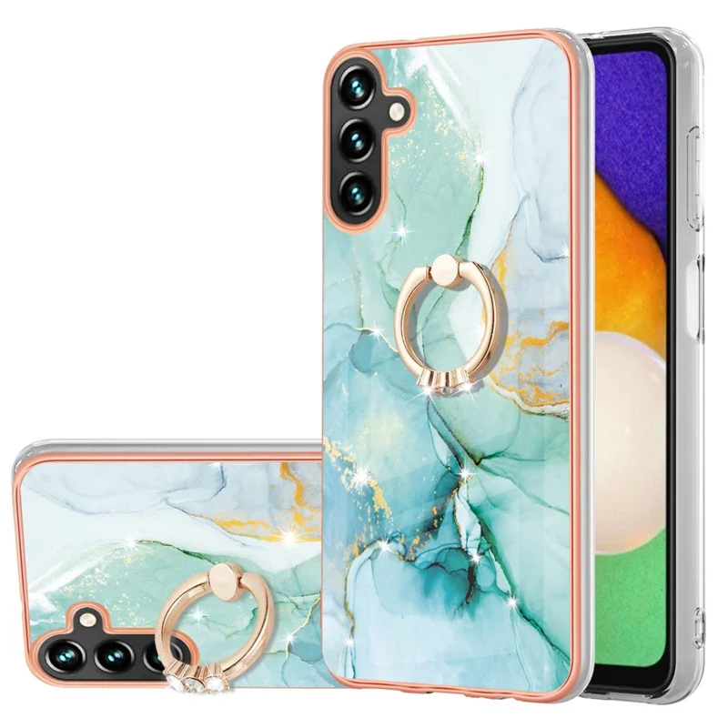 For Samsung Galaxy A35 5G Case with Ring Kickstand Marble Pattern Electroplating TPU Back Cover - Green 003
