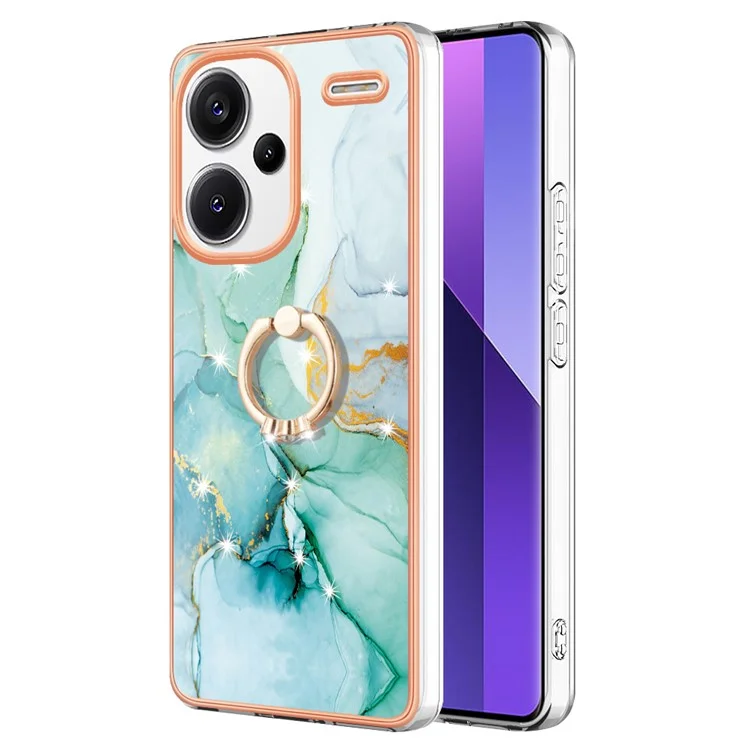 For Xiaomi Redmi Note 13 Pro+ 5G Case with Ring Kickstand Marble Pattern Electroplating TPU Back Cover - Green 003