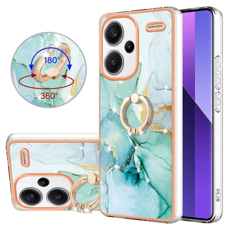 For Xiaomi Redmi Note 13 Pro+ 5G Case with Ring Kickstand Marble Pattern Electroplating TPU Back Cover - Green 003