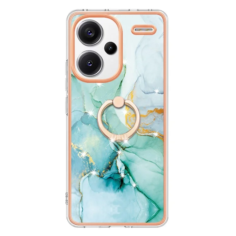 For Xiaomi Redmi Note 13 Pro+ 5G Case with Ring Kickstand Marble Pattern Electroplating TPU Back Cover - Green 003