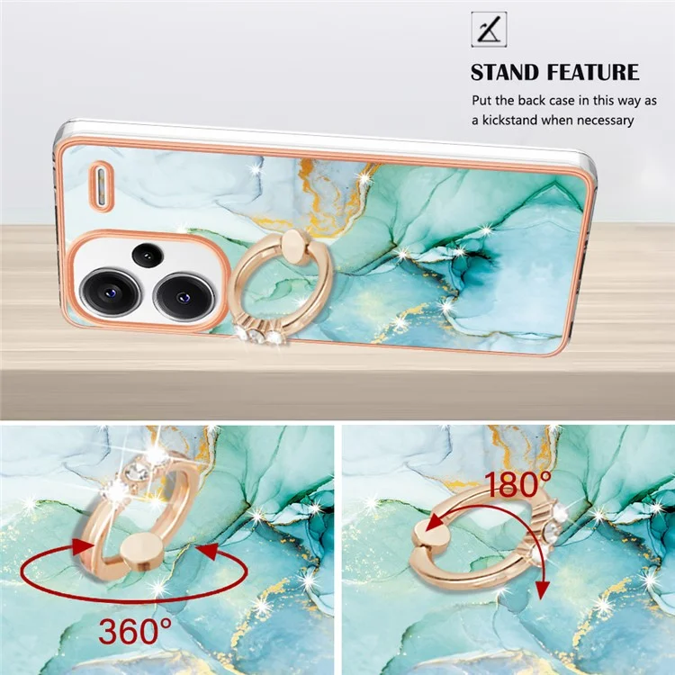 For Xiaomi Redmi Note 13 Pro+ 5G Case with Ring Kickstand Marble Pattern Electroplating TPU Back Cover - Green 003