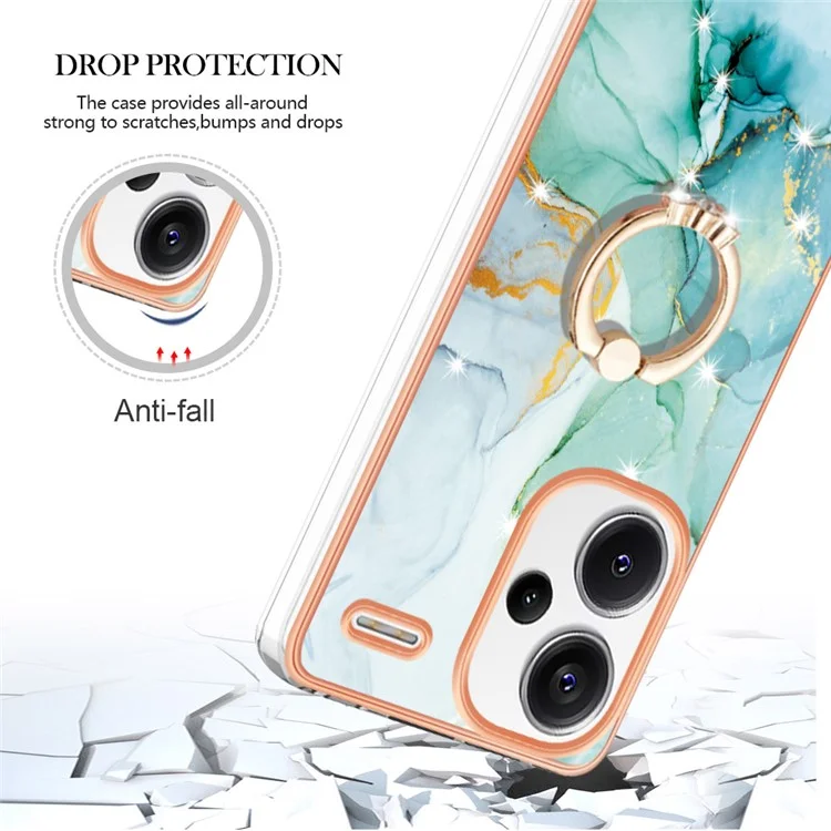 For Xiaomi Redmi Note 13 Pro+ 5G Case with Ring Kickstand Marble Pattern Electroplating TPU Back Cover - Green 003