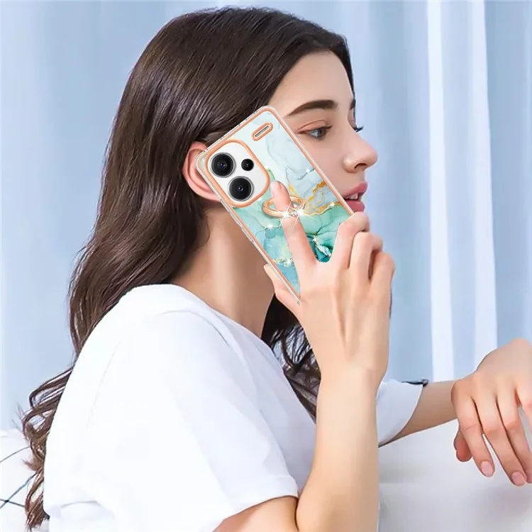For Xiaomi Redmi Note 13 Pro+ 5G Case with Ring Kickstand Marble Pattern Electroplating TPU Back Cover - Green 003