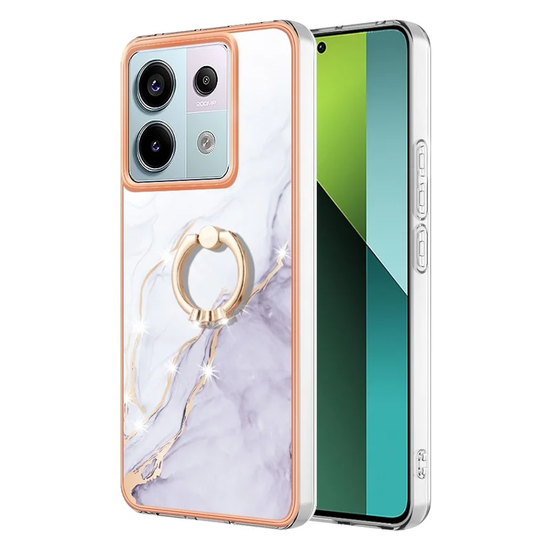 For Xiaomi Redmi Note 13 Pro 5G / Poco X6 5G Case with Ring Kickstand Marble Pattern Electroplating TPU Back Cover - White 006