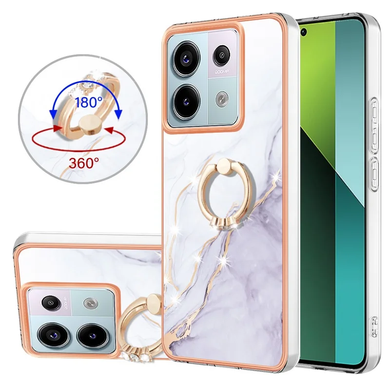 For Xiaomi Redmi Note 13 Pro 5G / Poco X6 5G Case with Ring Kickstand Marble Pattern Electroplating TPU Back Cover - White 006