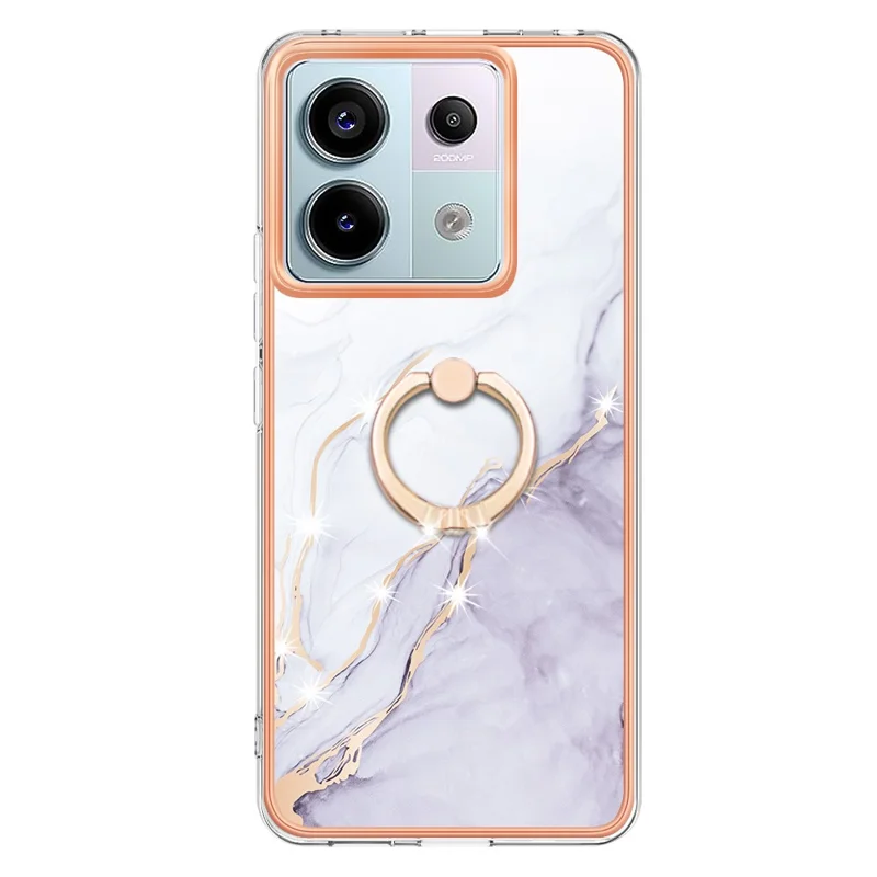 For Xiaomi Redmi Note 13 Pro 5G / Poco X6 5G Case with Ring Kickstand Marble Pattern Electroplating TPU Back Cover - White 006