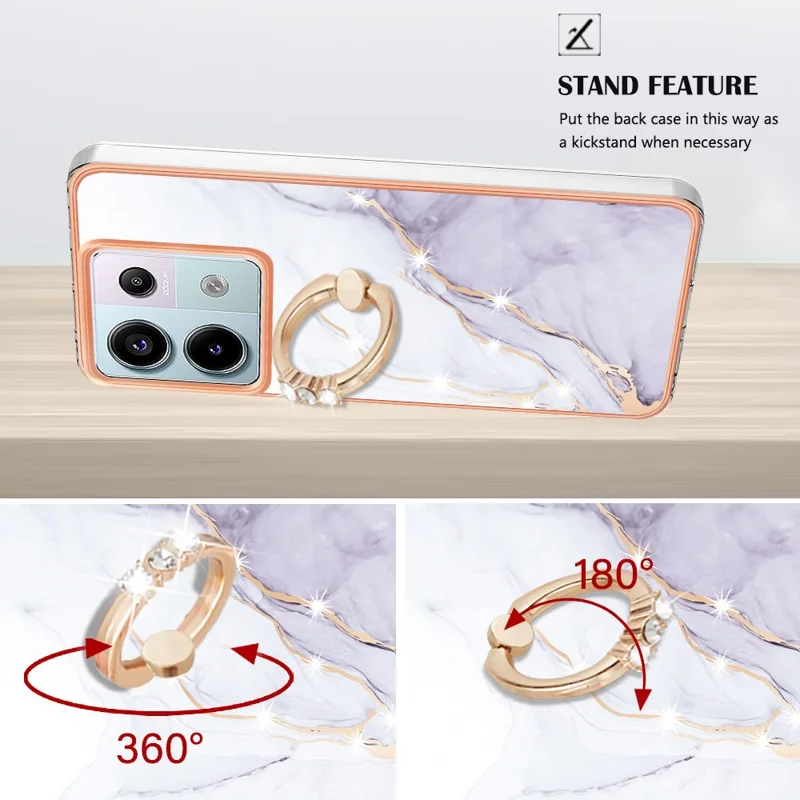 For Xiaomi Redmi Note 13 Pro 5G / Poco X6 5G Case with Ring Kickstand Marble Pattern Electroplating TPU Back Cover - White 006