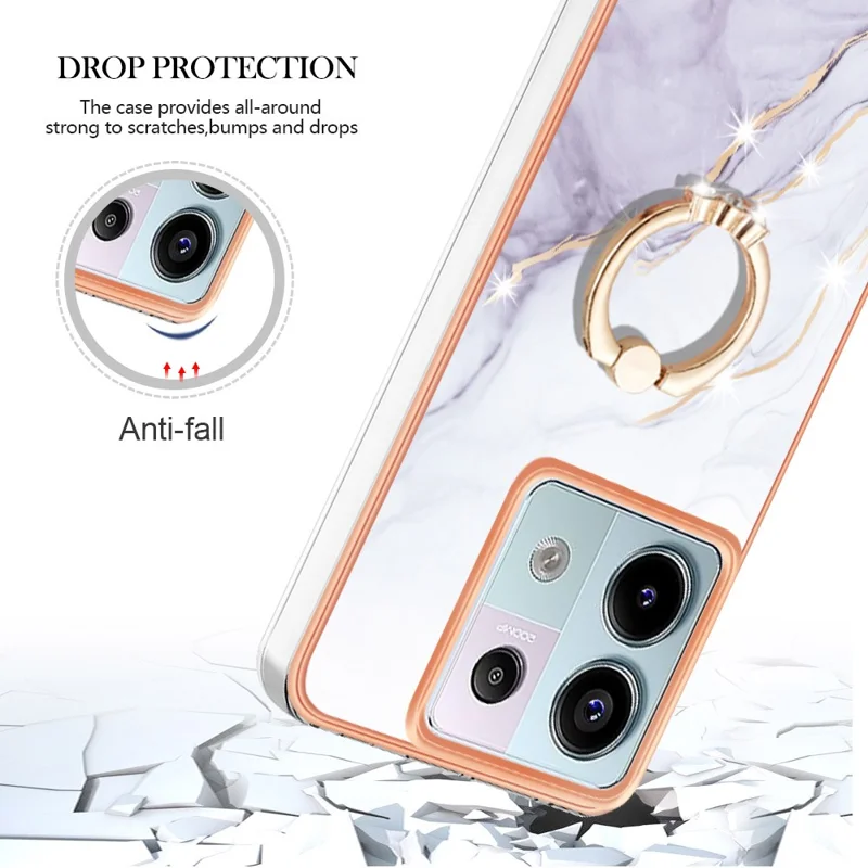 For Xiaomi Redmi Note 13 Pro 5G / Poco X6 5G Case with Ring Kickstand Marble Pattern Electroplating TPU Back Cover - White 006