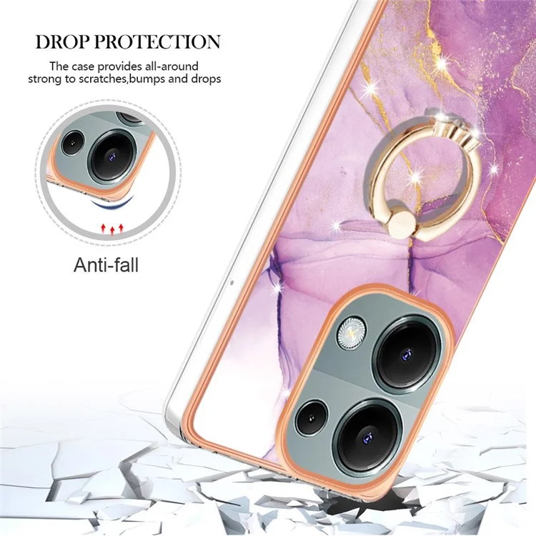 For Xiaomi Redmi Note 13 Pro 4G / Poco M6 Pro 4G Case with Ring Kickstand Marble Pattern Electroplating TPU Back Cover - Purple 001
