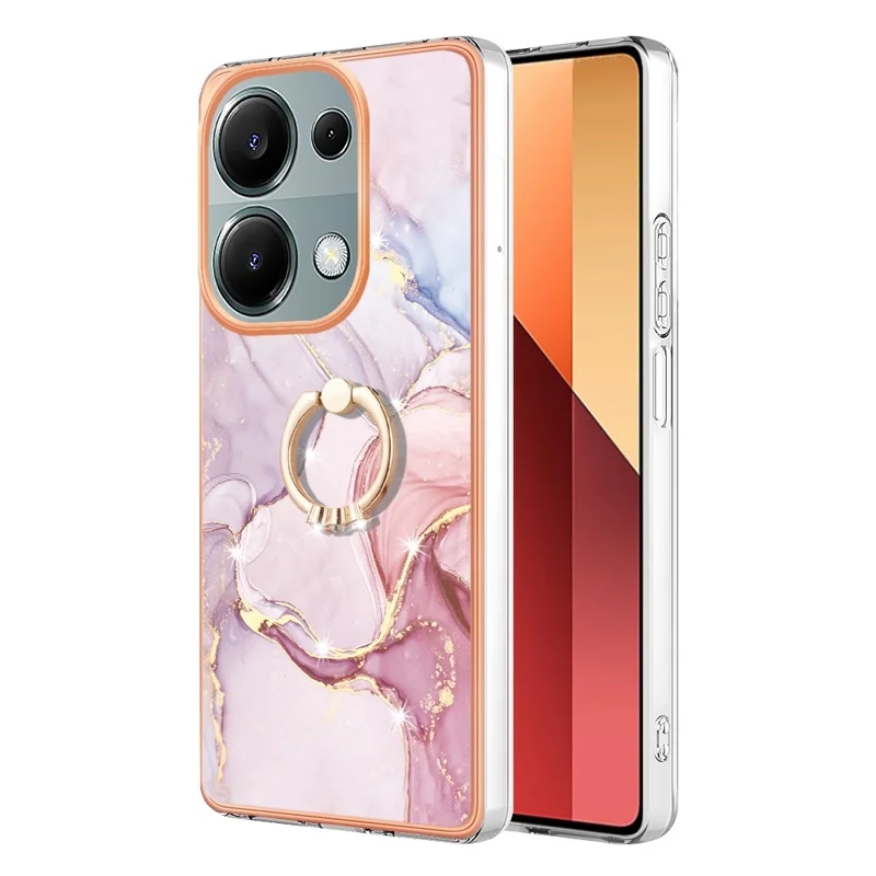 For Xiaomi Redmi Note 13 Pro 4G / Poco M6 Pro 4G Case with Ring Kickstand Marble Pattern Electroplating TPU Back Cover - Rose Gold 005