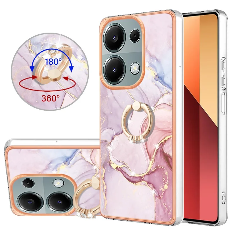 For Xiaomi Redmi Note 13 Pro 4G / Poco M6 Pro 4G Case with Ring Kickstand Marble Pattern Electroplating TPU Back Cover - Rose Gold 005