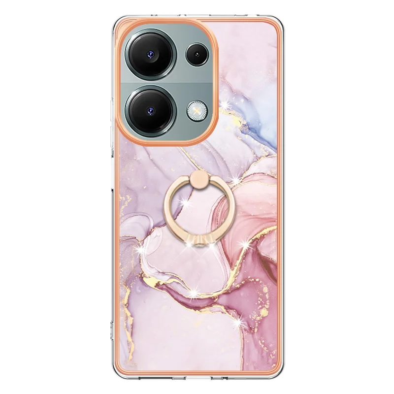 For Xiaomi Redmi Note 13 Pro 4G / Poco M6 Pro 4G Case with Ring Kickstand Marble Pattern Electroplating TPU Back Cover - Rose Gold 005