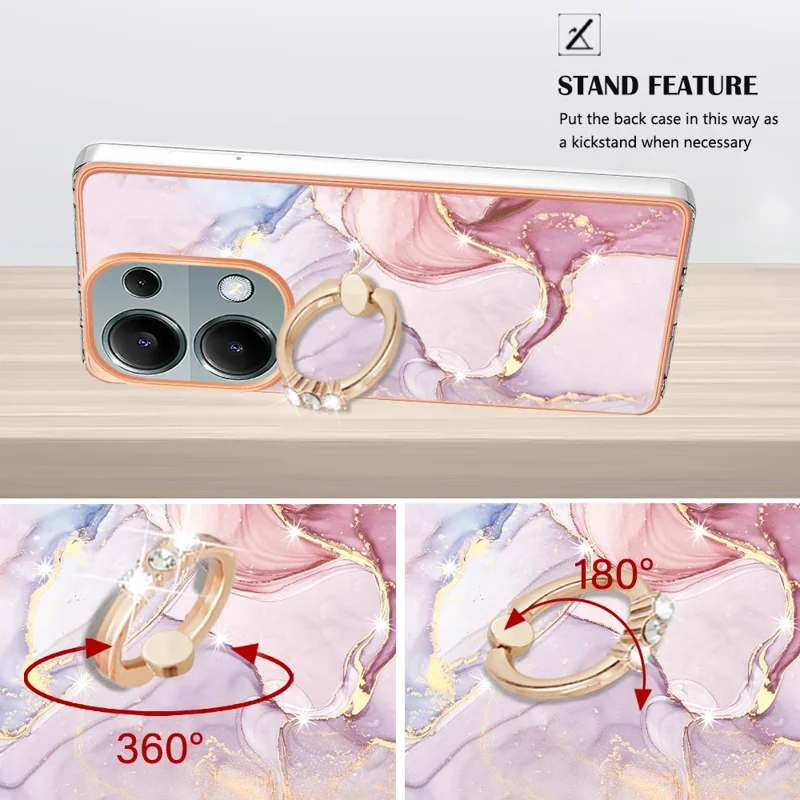 For Xiaomi Redmi Note 13 Pro 4G / Poco M6 Pro 4G Case with Ring Kickstand Marble Pattern Electroplating TPU Back Cover - Rose Gold 005