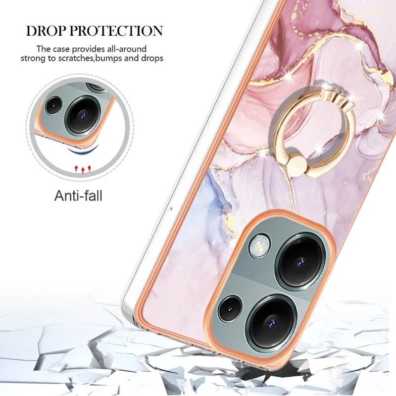 For Xiaomi Redmi Note 13 Pro 4G / Poco M6 Pro 4G Case with Ring Kickstand Marble Pattern Electroplating TPU Back Cover - Rose Gold 005