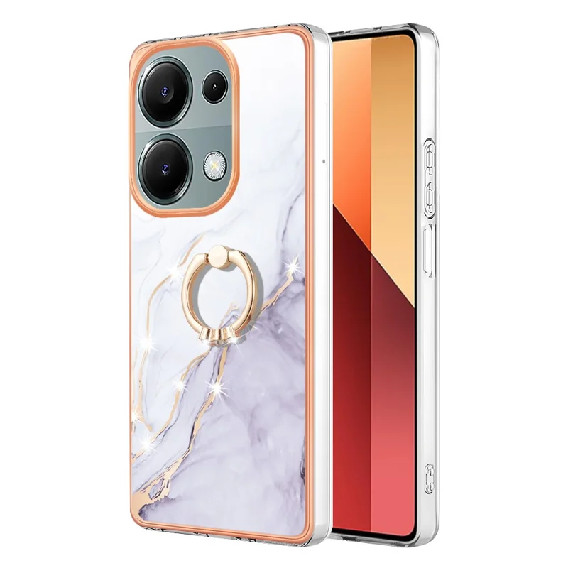 For Xiaomi Redmi Note 13 Pro 4G / Poco M6 Pro 4G Case with Ring Kickstand Marble Pattern Electroplating TPU Back Cover - White 006