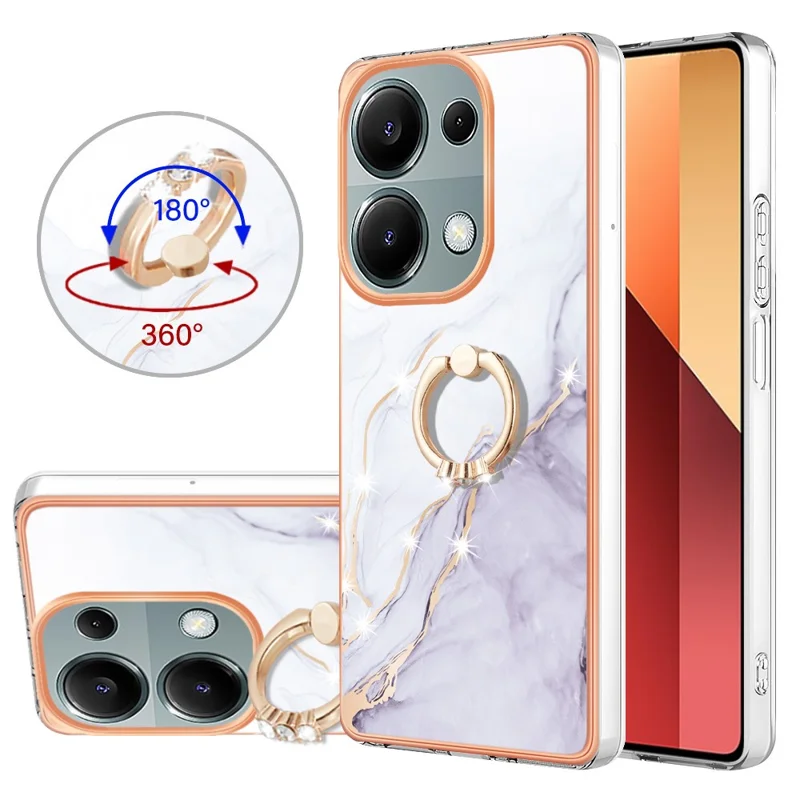 For Xiaomi Redmi Note 13 Pro 4G / Poco M6 Pro 4G Case with Ring Kickstand Marble Pattern Electroplating TPU Back Cover - White 006