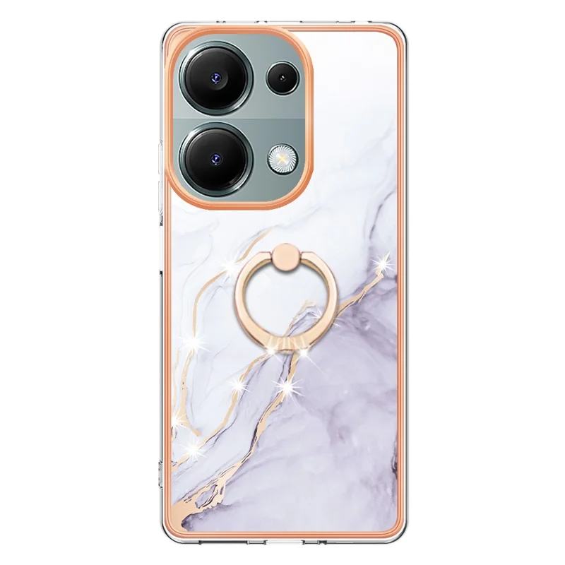 For Xiaomi Redmi Note 13 Pro 4G / Poco M6 Pro 4G Case with Ring Kickstand Marble Pattern Electroplating TPU Back Cover - White 006
