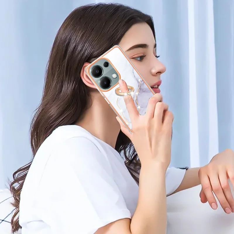 For Xiaomi Redmi Note 13 Pro 4G / Poco M6 Pro 4G Case with Ring Kickstand Marble Pattern Electroplating TPU Back Cover - White 006