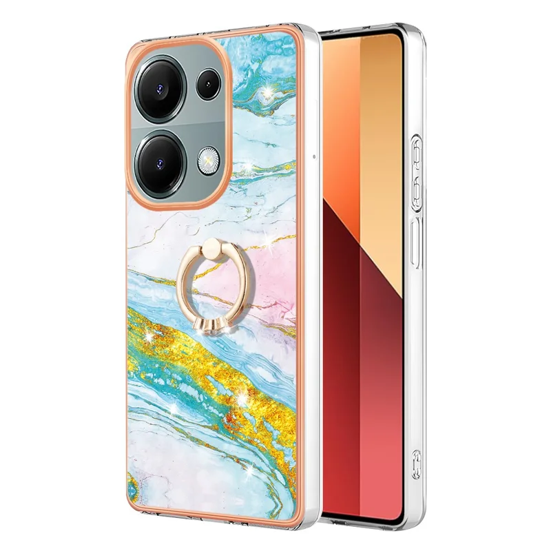 For Xiaomi Redmi Note 13 Pro 4G / Poco M6 Pro 4G Case with Ring Kickstand Marble Pattern Electroplating TPU Back Cover - Green 004
