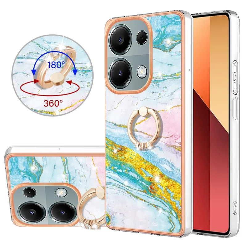 For Xiaomi Redmi Note 13 Pro 4G / Poco M6 Pro 4G Case with Ring Kickstand Marble Pattern Electroplating TPU Back Cover - Green 004