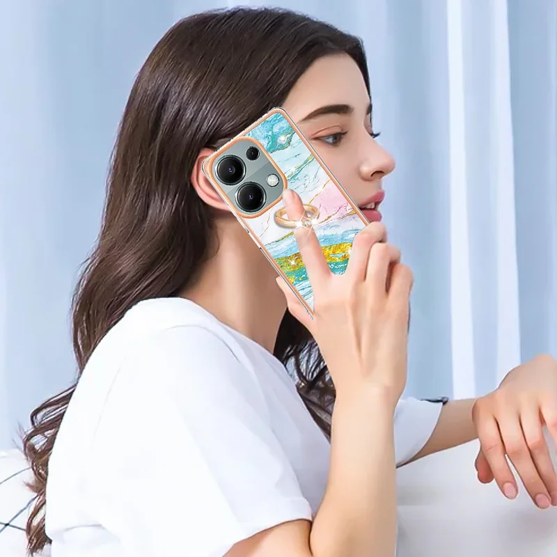For Xiaomi Redmi Note 13 Pro 4G / Poco M6 Pro 4G Case with Ring Kickstand Marble Pattern Electroplating TPU Back Cover - Green 004