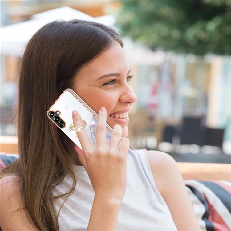 For Samsung Galaxy A55 5G Case with Ring Kickstand Marble Pattern Electroplating TPU Back Cover - White 006
