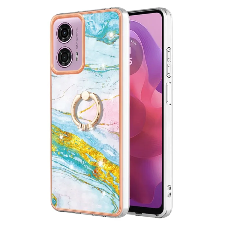 For Motorola Moto E14 4G / G04 4G / G04s 4G / G24 4G Case with Ring Kickstand Marble Pattern Electroplating TPU Back Cover - Green 004