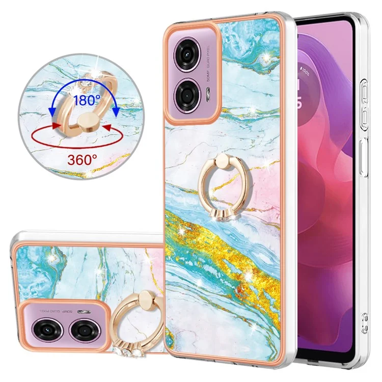 For Motorola Moto E14 4G / G04 4G / G04s 4G / G24 4G Case with Ring Kickstand Marble Pattern Electroplating TPU Back Cover - Green 004