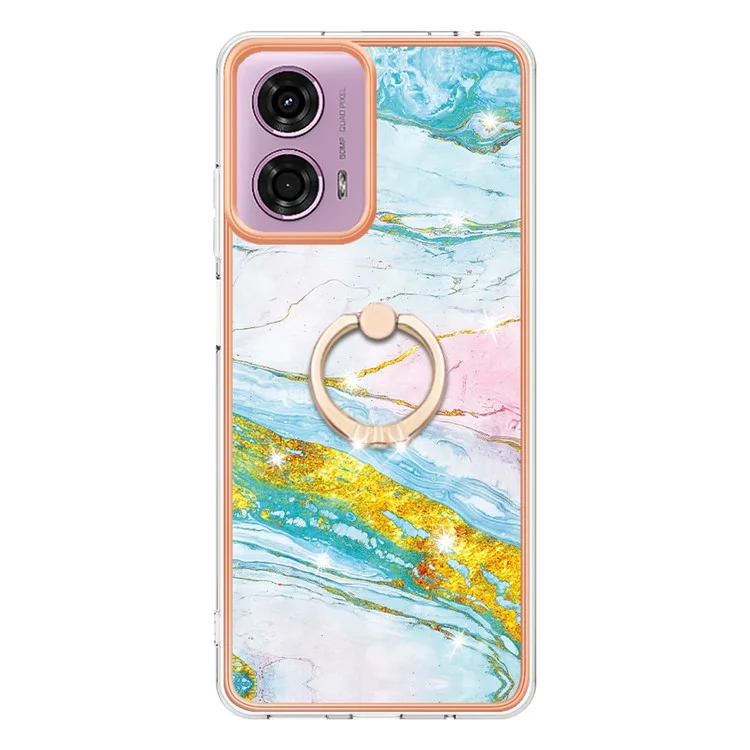 For Motorola Moto E14 4G / G04 4G / G04s 4G / G24 4G Case with Ring Kickstand Marble Pattern Electroplating TPU Back Cover - Green 004