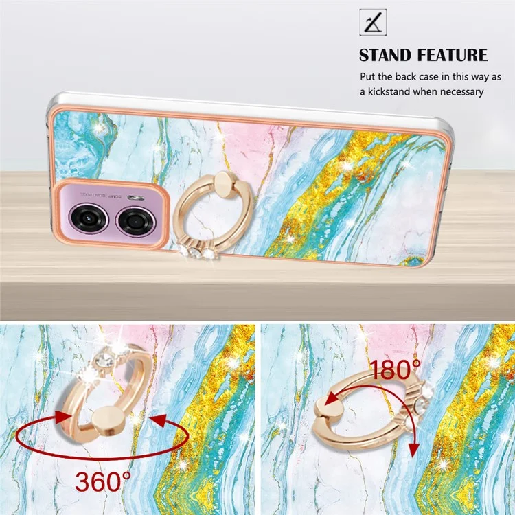 For Motorola Moto E14 4G / G04 4G / G04s 4G / G24 4G Case with Ring Kickstand Marble Pattern Electroplating TPU Back Cover - Green 004