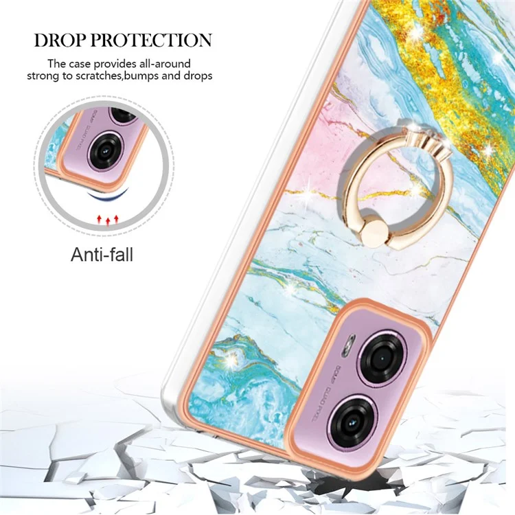 For Motorola Moto E14 4G / G04 4G / G04s 4G / G24 4G Case with Ring Kickstand Marble Pattern Electroplating TPU Back Cover - Green 004