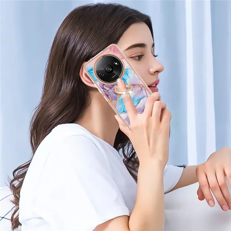 YB IMD Series-6 Pour Xiaomi Redmi A3 / Poco C61 4G Coque de téléphone en TPU avec revêtement électrolytique et support circulaire - Marbre Voie Lactée Bleu