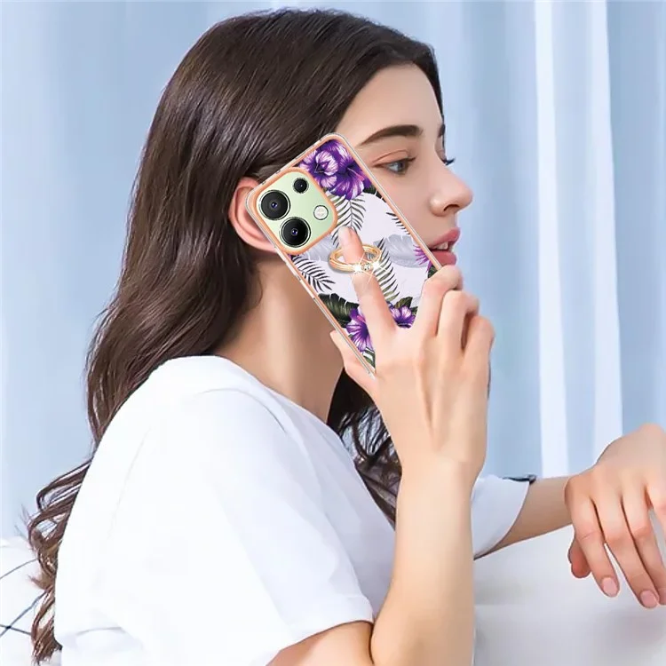 YB IMD Series-6 Per Xiaomi Redmi Note 13 4G Custodia Antiurto Anello per Telefono Supporto Kickstand TPU - Fiori Viola
