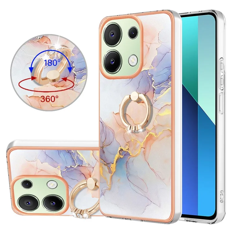 For Xiaomi Redmi Note 13 4G Case with Ring Kickstand IMD Marble Pattern TPU Back Cover - Milky Way Marble White