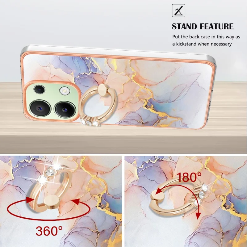 For Xiaomi Redmi Note 13 4G Case with Ring Kickstand IMD Marble Pattern TPU Back Cover - Milky Way Marble White