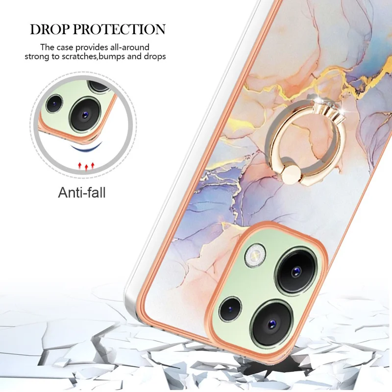 For Xiaomi Redmi Note 13 4G Case with Ring Kickstand IMD Marble Pattern TPU Back Cover - Milky Way Marble White
