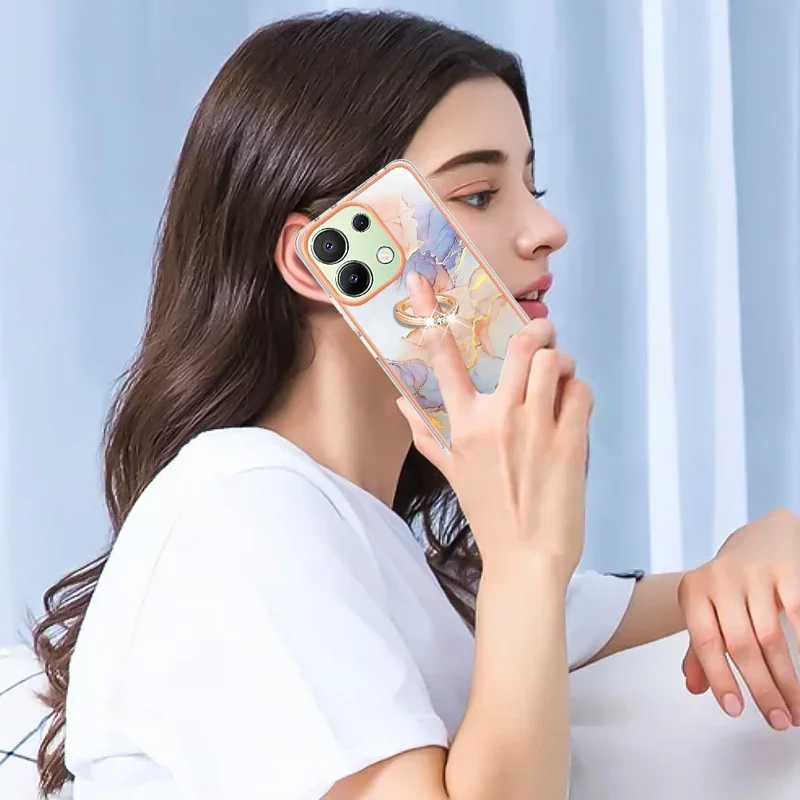 For Xiaomi Redmi Note 13 4G Case with Ring Kickstand IMD Marble Pattern TPU Back Cover - Milky Way Marble White