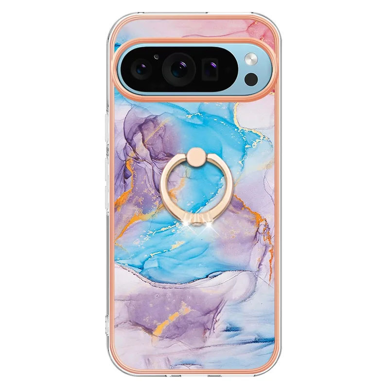 For Google Pixel 9 / Pixel 9 Pro Case with Ring Kickstand IMD Marble Pattern TPU Back Cover - Milky Way Marble Blue
