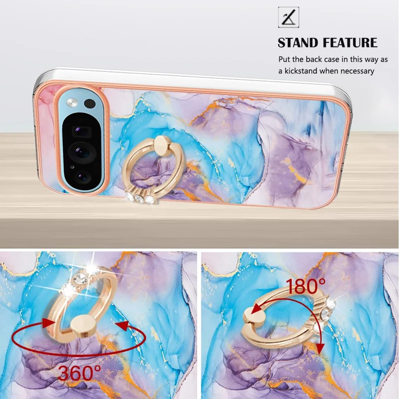 For Google Pixel 9 / Pixel 9 Pro Case with Ring Kickstand IMD Marble Pattern TPU Back Cover - Milky Way Marble Blue