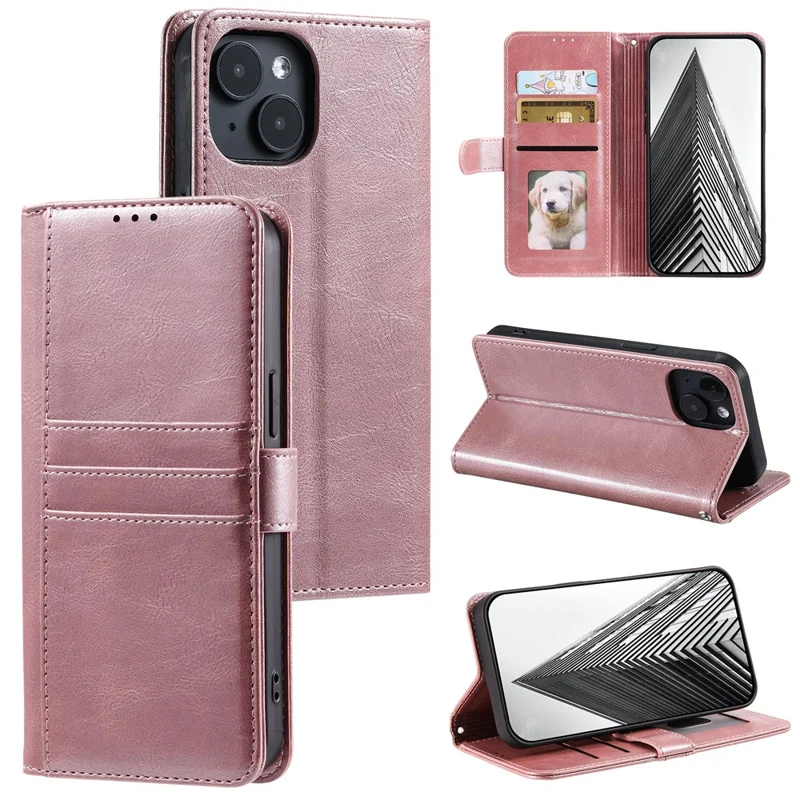 013 Style For iPhone 15 Leather Case with 6 Card Slots Protective Phone Cover - Rose Gold