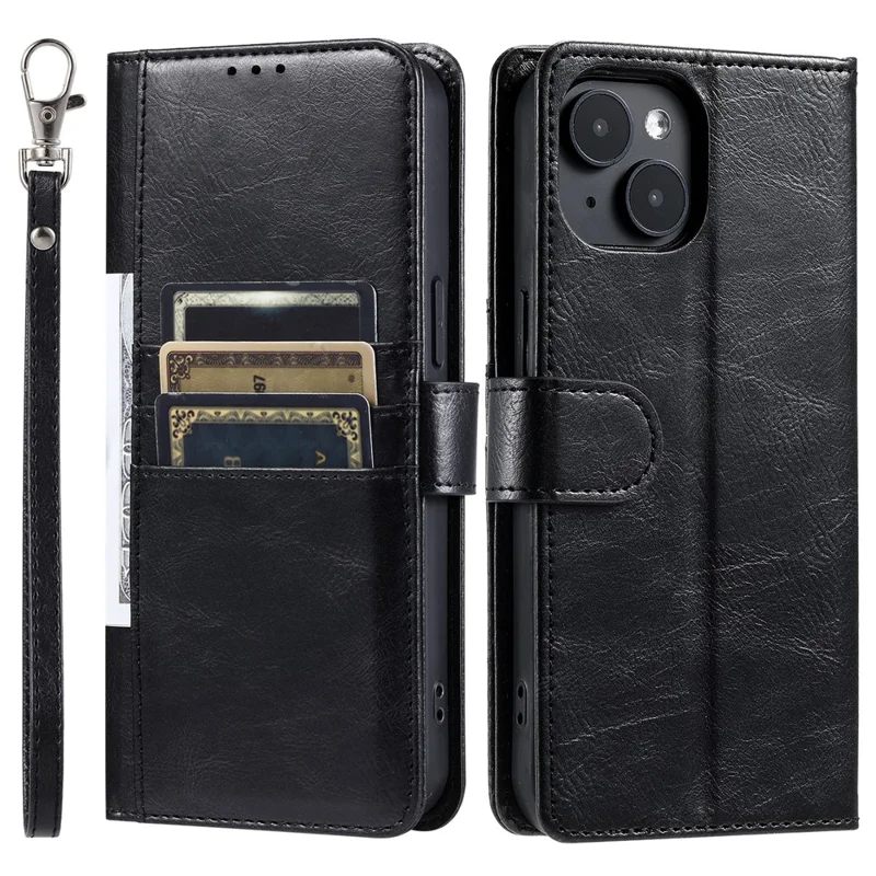 013 Style For iPhone 15 Leather Case with 6 Card Slots Protective Phone Cover - Black