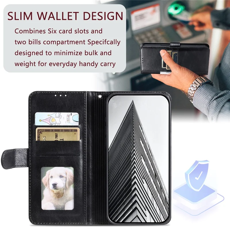 013 Style For iPhone 15 Leather Case with 6 Card Slots Protective Phone Cover - Black