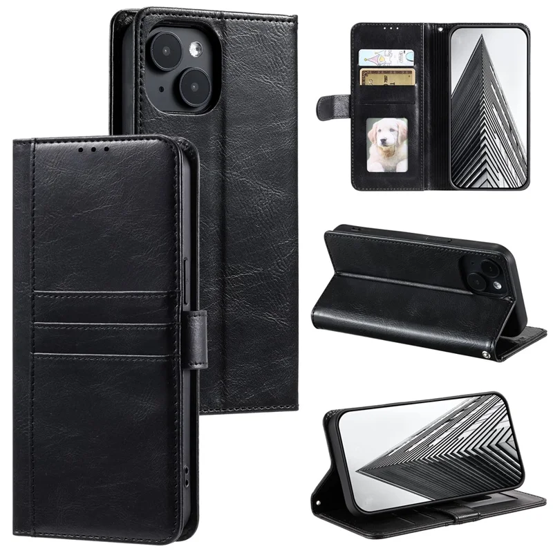 013 Style For iPhone 15 Leather Case with 6 Card Slots Protective Phone Cover - Black